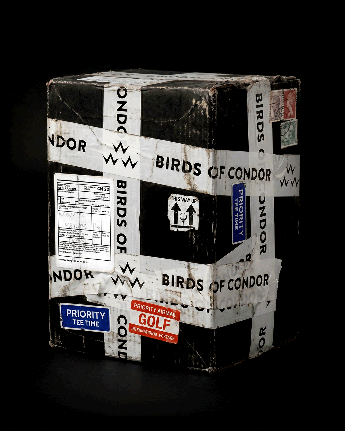 The Birds of Condor mystery box — taped, stamped, priority tee time